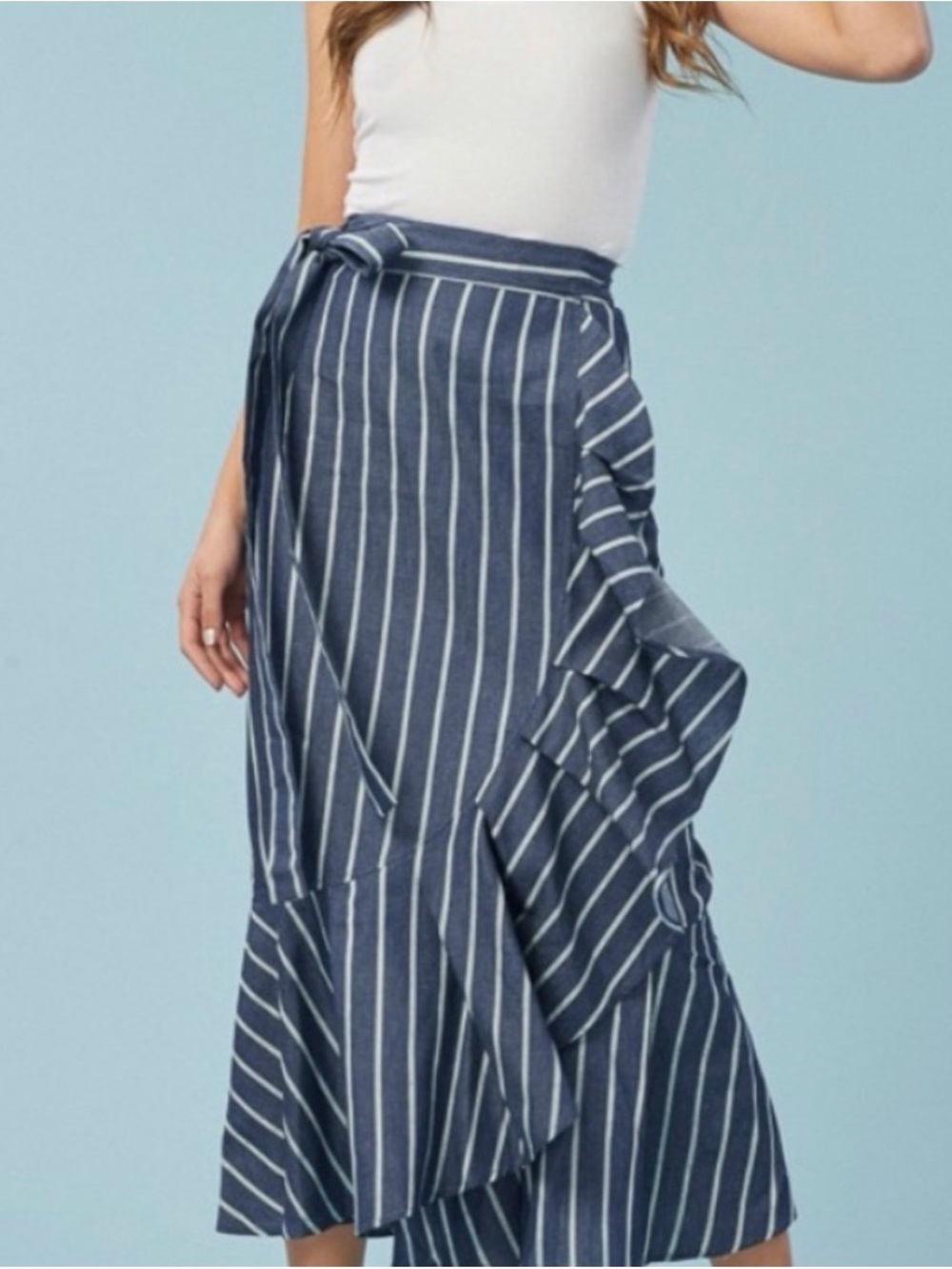 Listicle Navy and White Striped Ruffle Midi Skirt size M